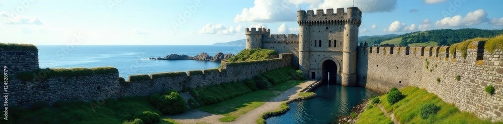 Obraz premium Walls and gates of the castle overlooking the sea, shore, moat