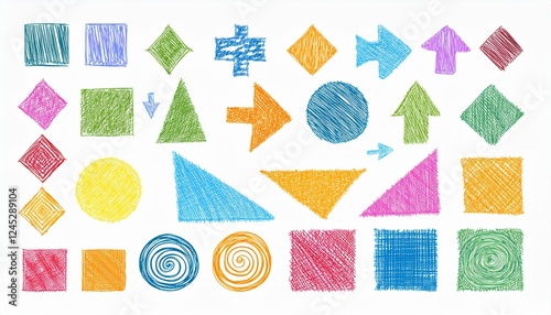 Crayon pencil color brush hand drawn chalk vector element set. Scribble pastel texture brush stroke kid square, spiral, arrow element hand drawn sketch design. Crayon pencil style. Vector illustration