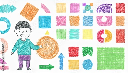 Crayon pencil color brush hand drawn chalk vector element set. Scribble pastel texture brush stroke kid square, spiral, arrow element hand drawn sketch design. Crayon pencil style. Vector illustration