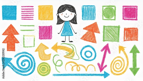 Crayon pencil color brush hand drawn chalk vector element set. Scribble pastel texture brush stroke kid square, spiral, arrow element hand drawn sketch design. Crayon pencil style. Vector illustration