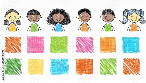 Crayon pencil color brush hand drawn chalk vector element set. Scribble pastel texture brush stroke kid square, spiral, arrow element hand drawn sketch design. Crayon pencil style. Vector illustration