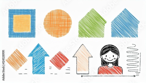 Crayon pencil color brush hand drawn chalk vector element set. Scribble pastel texture brush stroke kid square, spiral, arrow element hand drawn sketch design. Crayon pencil style. Vector illustration