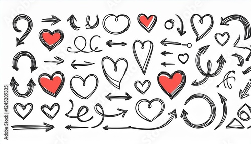 Line arrow hand drawn shape brush underline stroke element vector set. Hand drawn doodle sketch arrow, circle, star brush stroke scribble underline icon. Marker doodle heart vector illustration.