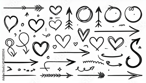 Line arrow hand drawn shape brush underline stroke element vector set. Hand drawn doodle sketch arrow, circle, star brush stroke scribble underline icon. Marker doodle heart vector illustration.