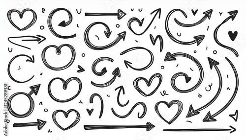 Line arrow hand drawn shape brush underline stroke element vector set. Hand drawn doodle sketch arrow, circle, star brush stroke scribble underline icon. Marker doodle heart vector illustration.