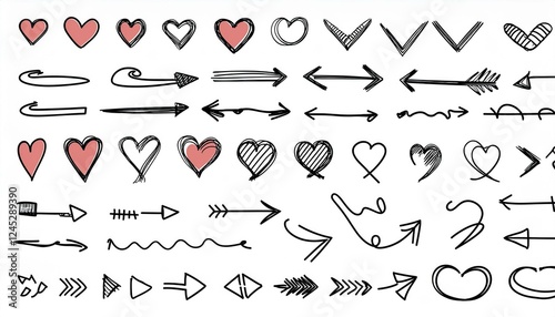 Line arrow hand drawn shape brush underline stroke element vector set. Hand drawn doodle sketch arrow, circle, star brush stroke scribble underline icon. Marker doodle heart vector illustration.