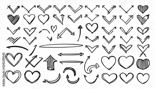 Line arrow hand drawn shape brush underline stroke element vector set. Hand drawn doodle sketch arrow, circle, star brush stroke scribble underline icon. Marker doodle heart vector illustration.