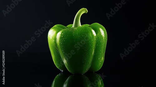 A vivid green bell pepper with light reflecting off its surface, standing out sharply on a black background, Generative AI