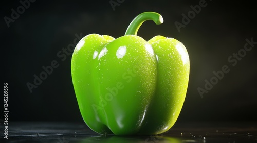 A vivid green bell pepper with light reflecting off its surface, standing out sharply on a black background, Generative AI