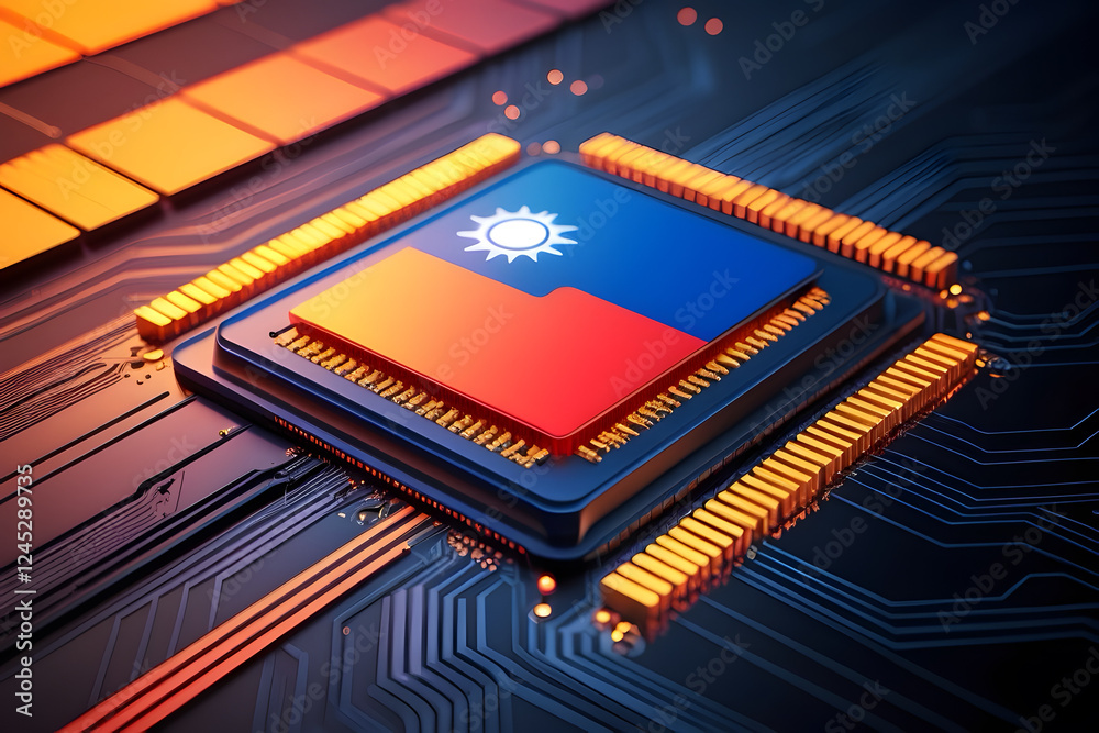 Flag of the Republic of Taiwan on semiconductor chip or microchip on a motherboard. Taiwan manufacturing chip industry battle between US - China. Flag of the Republic of Taiwan on semiconductor chip or microchip on a motherboard. Taiwan manufacturing chip industry battle between US - China.