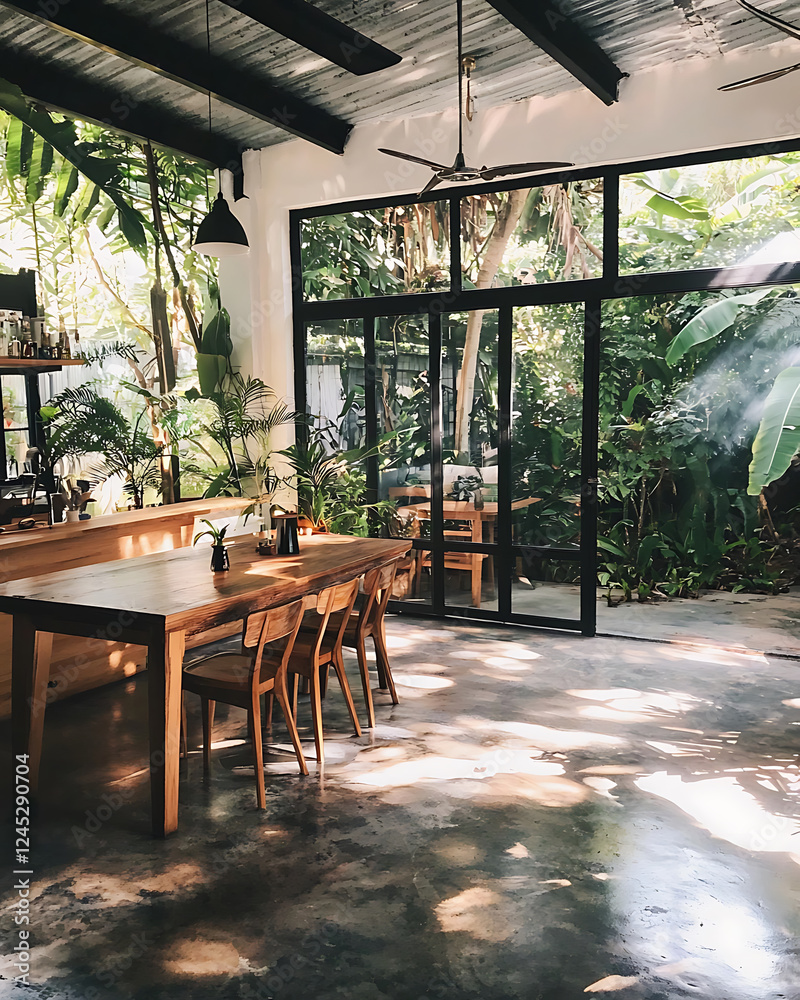 Fototapeta premium warm, cozy interior featuring wooden dining table, surrounded by lush greenery and large windows. Sunlight filters through, creating serene