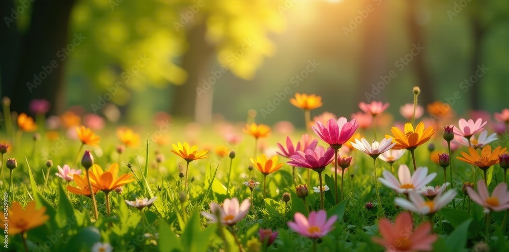 Fototapeta premium Blooming wildflowers in the sunlight with trees in background, sunlight, nature reserve