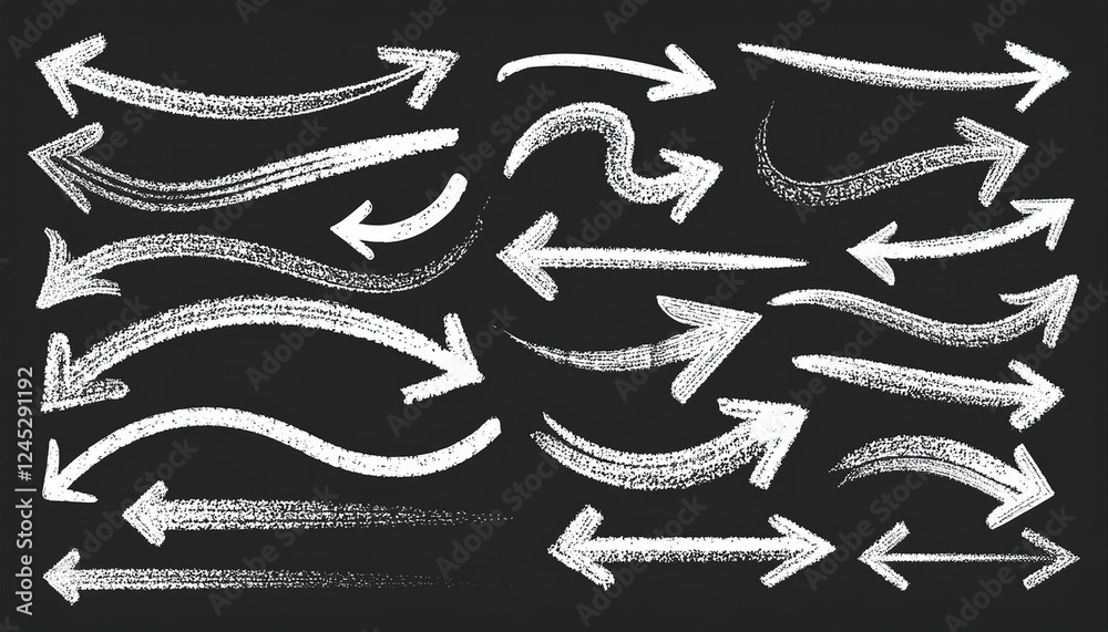 Arrow brush line chalk sketch texture brush vector set. Crayon marker scribble sketch stroke arrow element line brush hand drawn design. Texture abstract chalk, crayon style. Vector illustration Arrow brush line chalk sketch texture brush vector set. Crayon marker scribble sketch stroke arrow element line brush hand drawn design. Texture abstract chalk, crayon style. Vector illustration