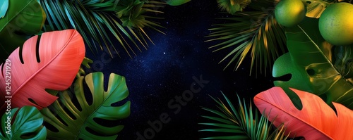 A vibrant arrangement of tropical leaves frames a dark background, evoking a lush, exotic atmosphere perfect for creative designs.