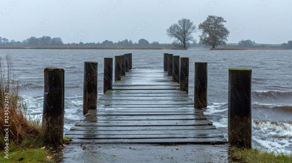 5.A lonely pier stretching into a Frisian lake, drenched in heavy rain, with water cascading off wooden planks, moody skies blending with rain-blurred horizons. 5.A lonely pier stretching into a Frisian lake, drenched in heavy rain, with water cascading off wooden planks, moody skies blending with rain-blurred horizons.
