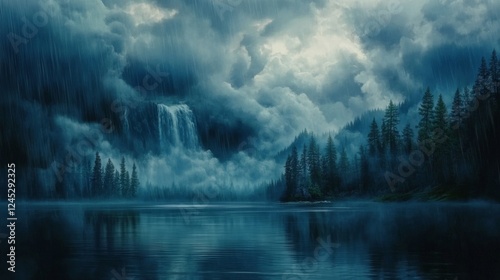 23.Majestic natural background showing heavy rain cascading under turbulent clouds, the foreground featuring subtle reflections of the sky on water.