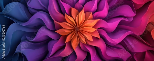 A vibrant, abstract floral design featuring swirling petals in shades of pink, purple, and orange, creating a mesmerizing visual effect.