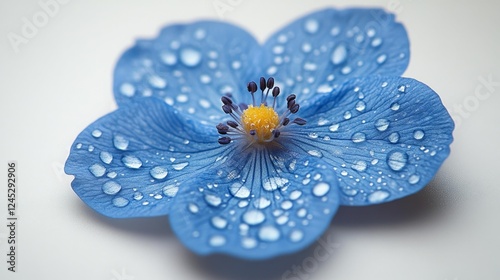 Blue Flower with Yellow Center and Water Droplets. Generative AI photo