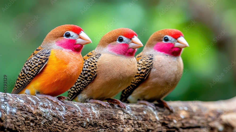 Three colorful birds perched on branch, lush green background, nature photography, ideal for wildlife publications Three colorful birds perched on branch, lush green background, nature photography, ideal for wildlife publications