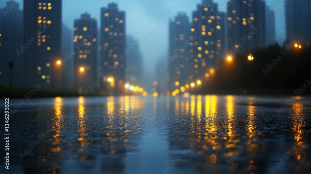 63.A reflective asphalt road leading to illuminated high-rises, the faint mist of recent rain adding depth to the scene under warm urban lighting. 63.A reflective asphalt road leading to illuminated high-rises, the faint mist of recent rain adding depth to the scene under warm urban lighting.