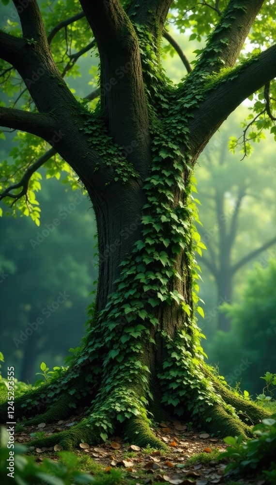 Fototapeta premium Overgrown tree with thick ivy vines and roots, vine, botanical