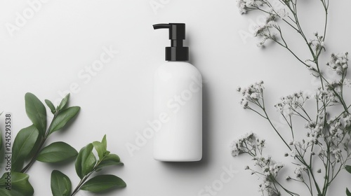 Elegant White Cosmetic Bottle Mockup with Fresh Flowers and Leaves