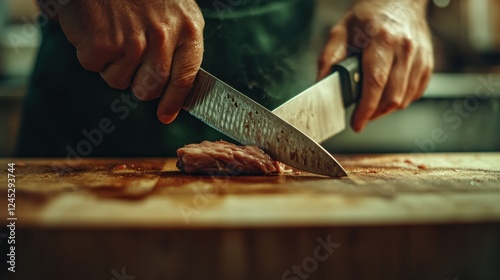 Chef slicing meat on wooden board, kitchen background, food preparation photo