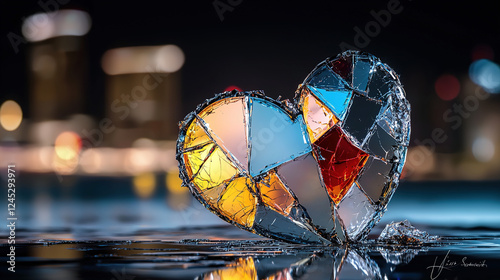  Abstract fractured heart, with glowing vibrant shards in red, blue, and yellow suspended in space, connected by flowing light patterns, symbolizing emotional energy, brokenness, and recovery
