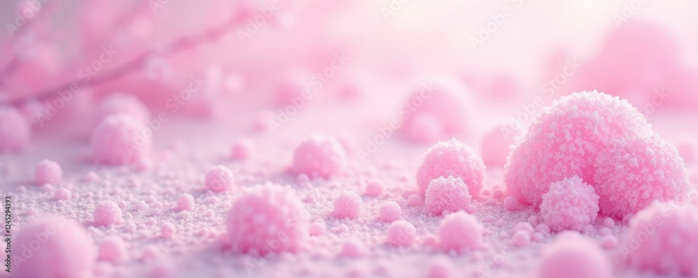 Fototapeta premium Pastel pink and white background with scattered, rounded bubbles resembling snowflakes, frosty, pastel