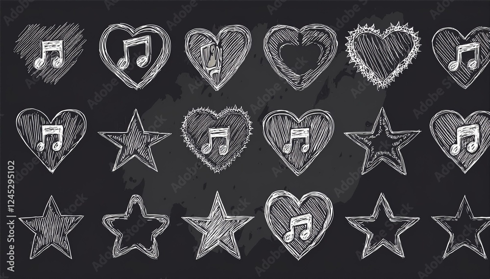 Hand drawn rock punk music star grunge heart doodle icon element set. Crayon brush stroke hand drawn line sketch style doodle rock punk star, heart shape. Crayon scribble music vector illustration Hand drawn rock punk music star grunge heart doodle icon element set. Crayon brush stroke hand drawn line sketch style doodle rock punk star, heart shape. Crayon scribble music vector illustration