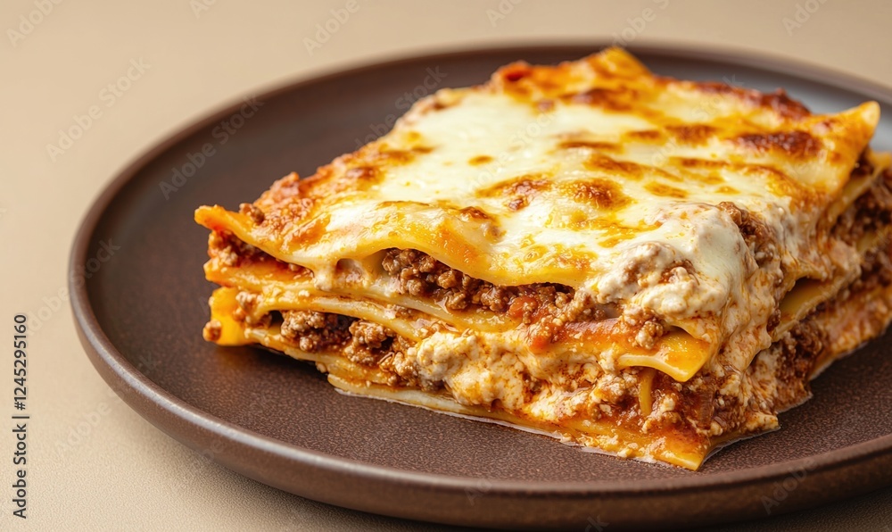 Savory layers of lasagna alla Bolognese served on a terracotta plate