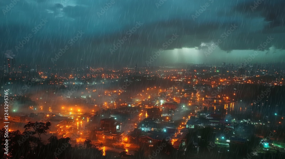 Fototapeta premium 79.Aerial view night city rain. High Angle Cityscape During A night rain Storm
