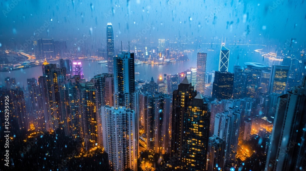 Fototapeta premium 80.High-angle view of a sprawling cityscape at night, glimmering streetlights distorted by falling rain, with faint fog softening the edges of the skyscrapers.