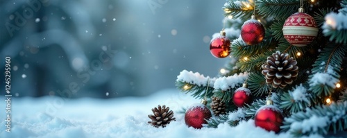 Snowy Christmas tree with red ornaments and pinecones, pinecones, ornamentation
