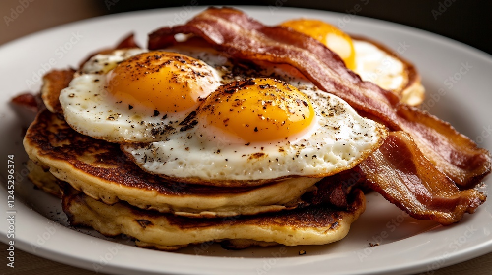 Scrumptious Breakfast: Fluffy Pancakes, Sunny-Side Up Eggs, and Crispy Bacon Scrumptious Breakfast: Fluffy Pancakes, Sunny-Side Up Eggs, and Crispy Bacon