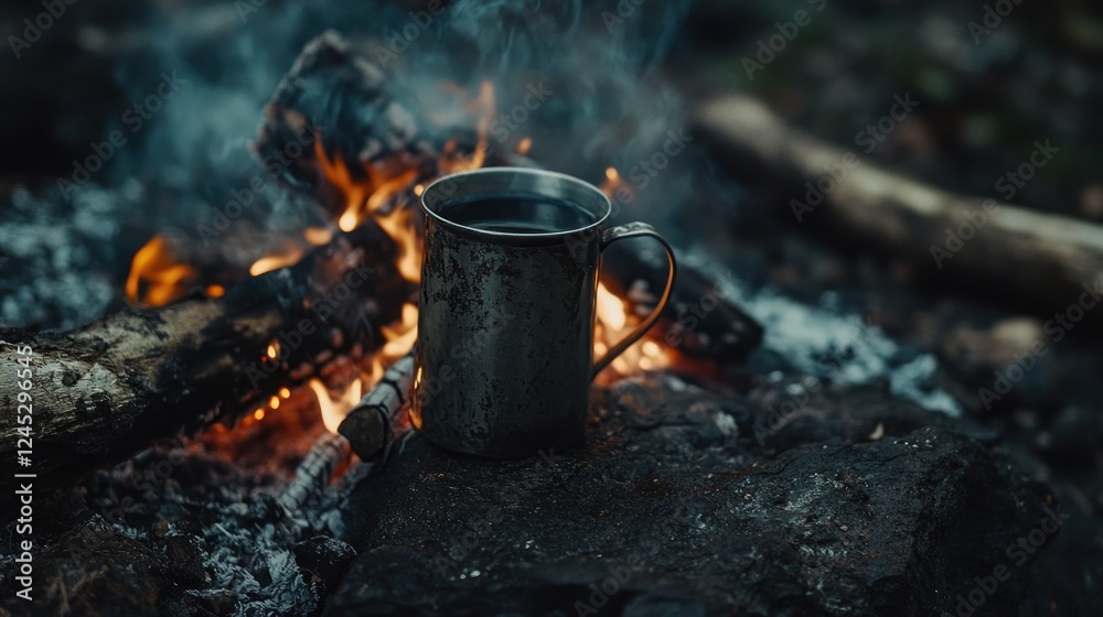 A metal mug resting near a crackling campfire amidst glowing embers and smoke. A metal mug resting near a crackling campfire amidst glowing embers and smoke.