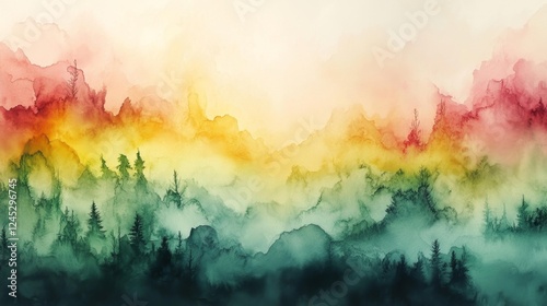 Abstract Watercolor Landscape of Misty Mountains and Vibrant Skies. Generative AI photo