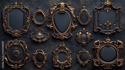 Elegant Collection of Golden Ornate Picture Frames on Dark Background. Generative AI photo