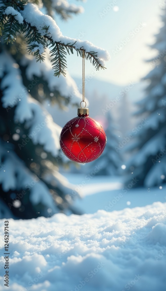 Snowy landscape with a single red Christmas ornament suspended in mid-air, Red color, Snowy landscape Snowy landscape with a single red Christmas ornament suspended in mid-air, Red color, Snowy landscape