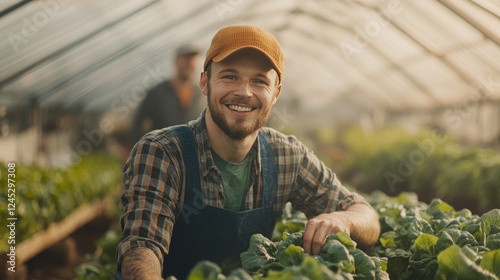 Green Thumbs & Smiles: A cheerful young farmer, clad in overalls and a baseball cap, beams with pride amidst lush greenery in a greenhouse, showcasing the rewarding labor of sustainable agriculture.