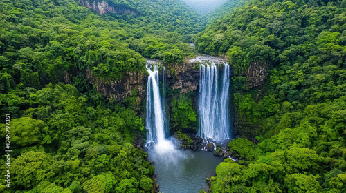 breathtaking waterfall in lush green surroundings, showcasing nature beauty