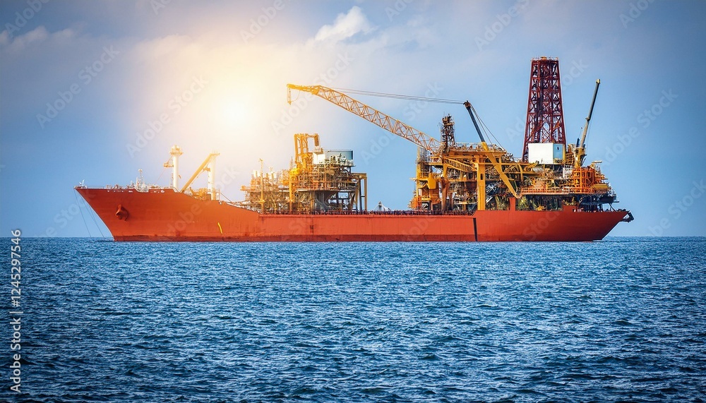 Fototapeta premium Cargo ship in port. Workers On Oil Rig and ship; refinery industry ecology concept