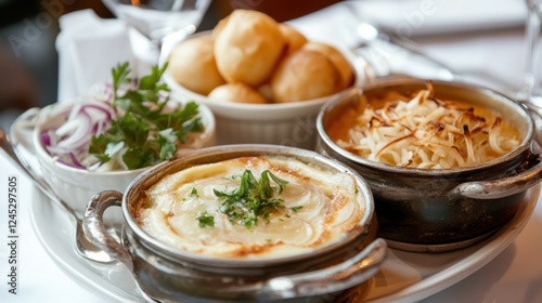 Creamy potato gratin, shredded potatoes, onion salad, and rolls. Restaurant meal photo