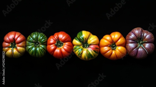 A group of multicolored heirloom tomatoes, their unique colors standing out sharply against the black, Generative AI