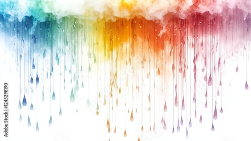 54.Artistic depiction of a multicolored rainbow extending over a faint white cloud, with layered raindrops cascading down in varying opacity on a transparent background.