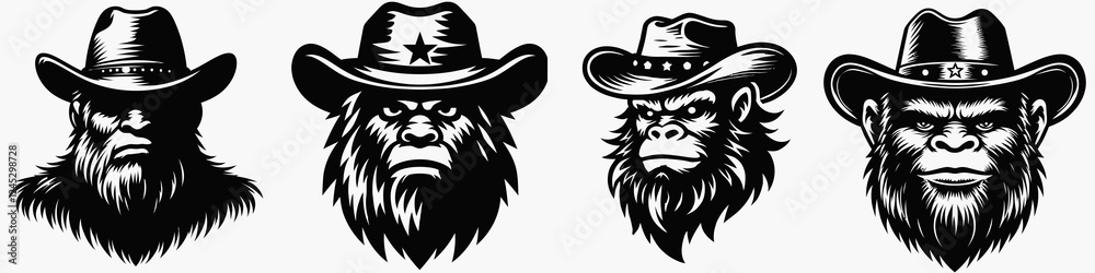 Four stylized illustrations of bearded cowboys and ape-like characters wearing hats, showcasing a unique blend of ruggedness and wildness. Four stylized illustrations of bearded cowboys and ape-like characters wearing hats, showcasing a unique blend of ruggedness and wildness.