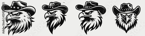 Four stylized eagle heads wearing cowboy hats, showcasing unique designs and expressions, ideal for western-themed graphics.