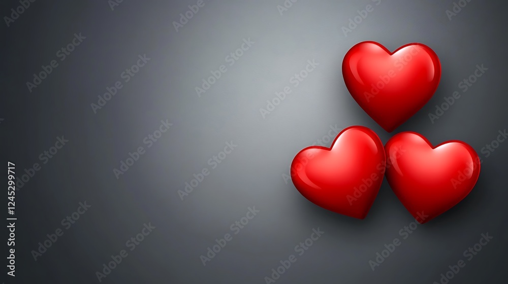 Three Glossy Red Hearts on Gray Background Three Glossy Red Hearts on Gray Background