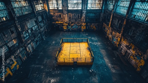 Abandoned industrial warehouse interior with yellow platform, urban decay backdrop photo