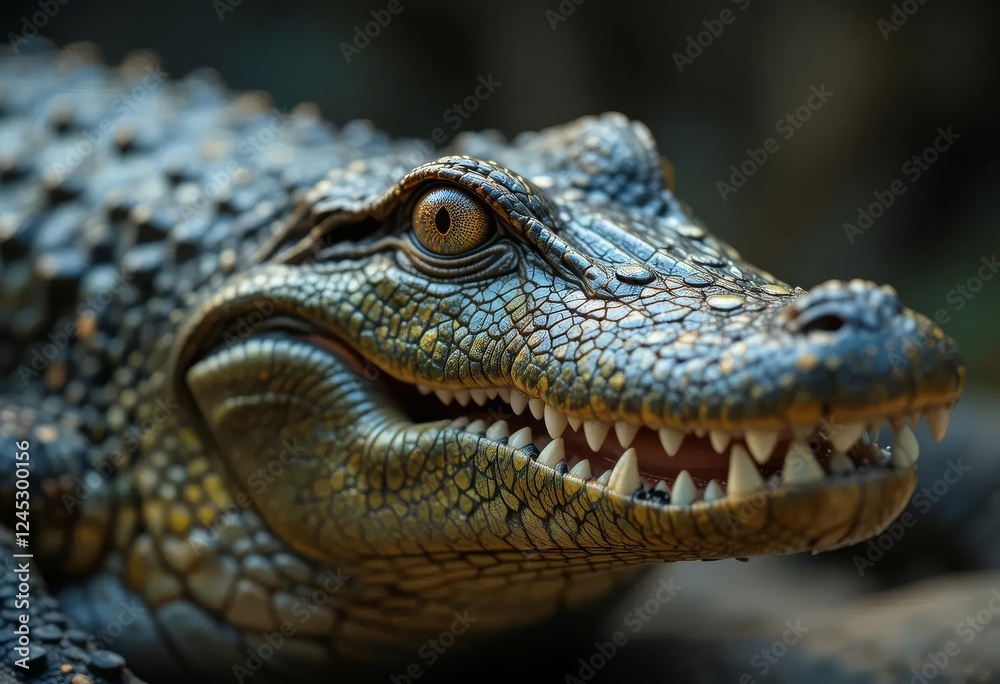 Fototapeta premium A close-up photo of a crocodile's eye, showing intricate details and vibrant colors.